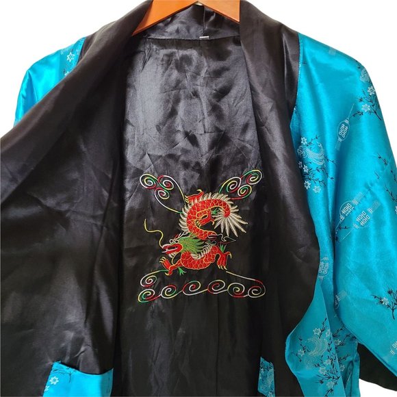 Reversible Kimono Blue Floral Black Embroidered Dragon S Small - Picture 5 of 9